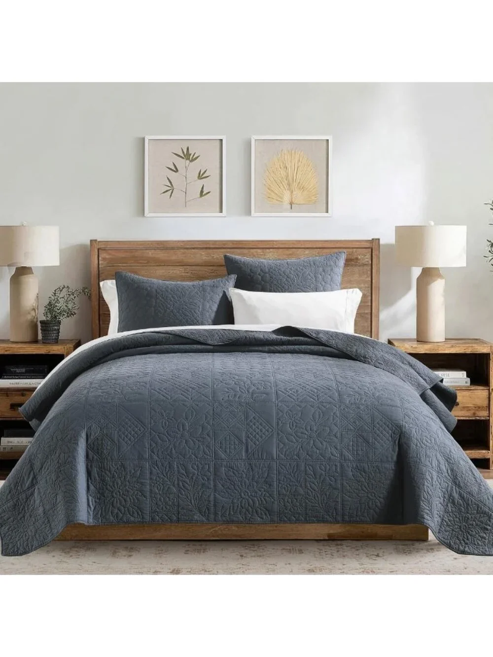 100% Cotton King Quilt Set - Steel Blue Patchwork Farmhouse Bedding, Soft
